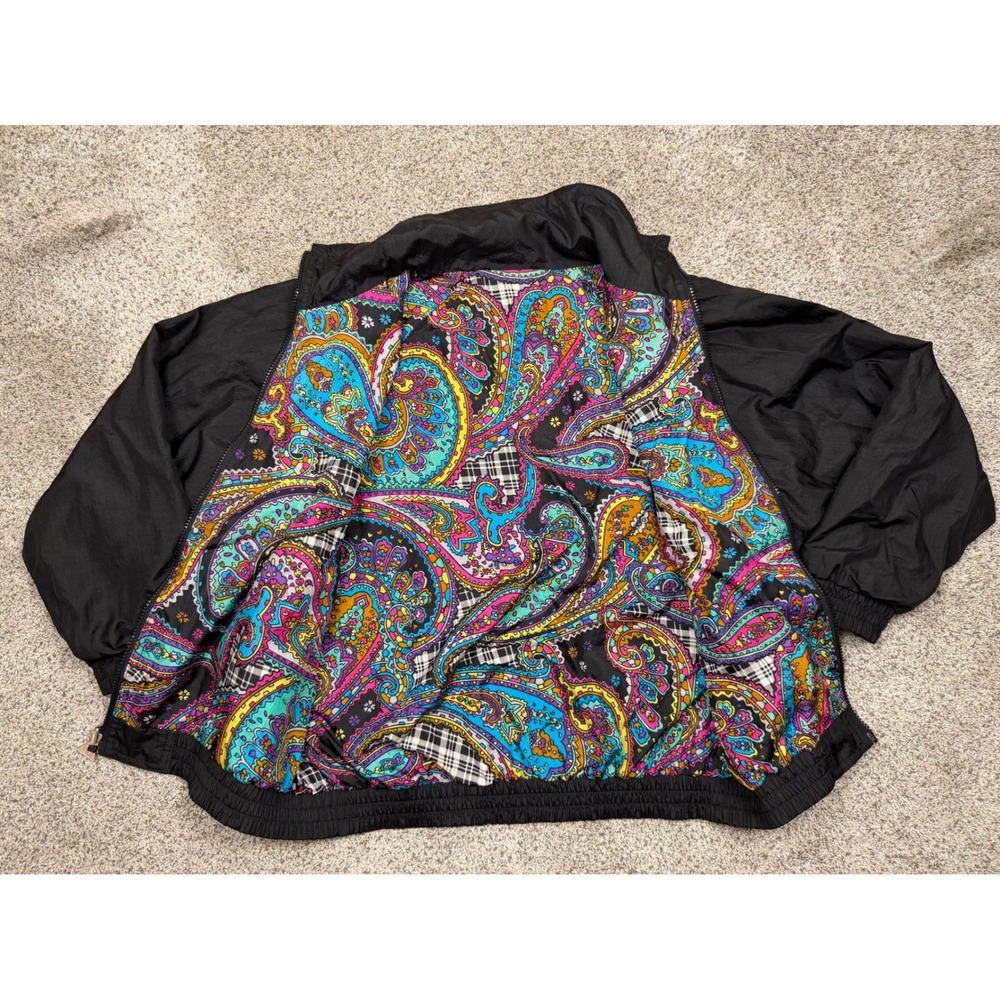 Casual Isle Reversible Windbreaker Jacket Black Multi Paisley Pockets Vintage Sm - Picture 3 of 8